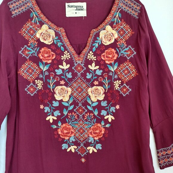 Savanna Jane Top Embroidered V Neck Boho Popover Long Sleeves Womens Medium - Picture 4 of 11